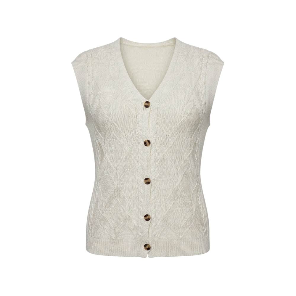 Women’s Button-Front Cable-Knit Sweater Vest Cream Medium To Large Boho Cottge